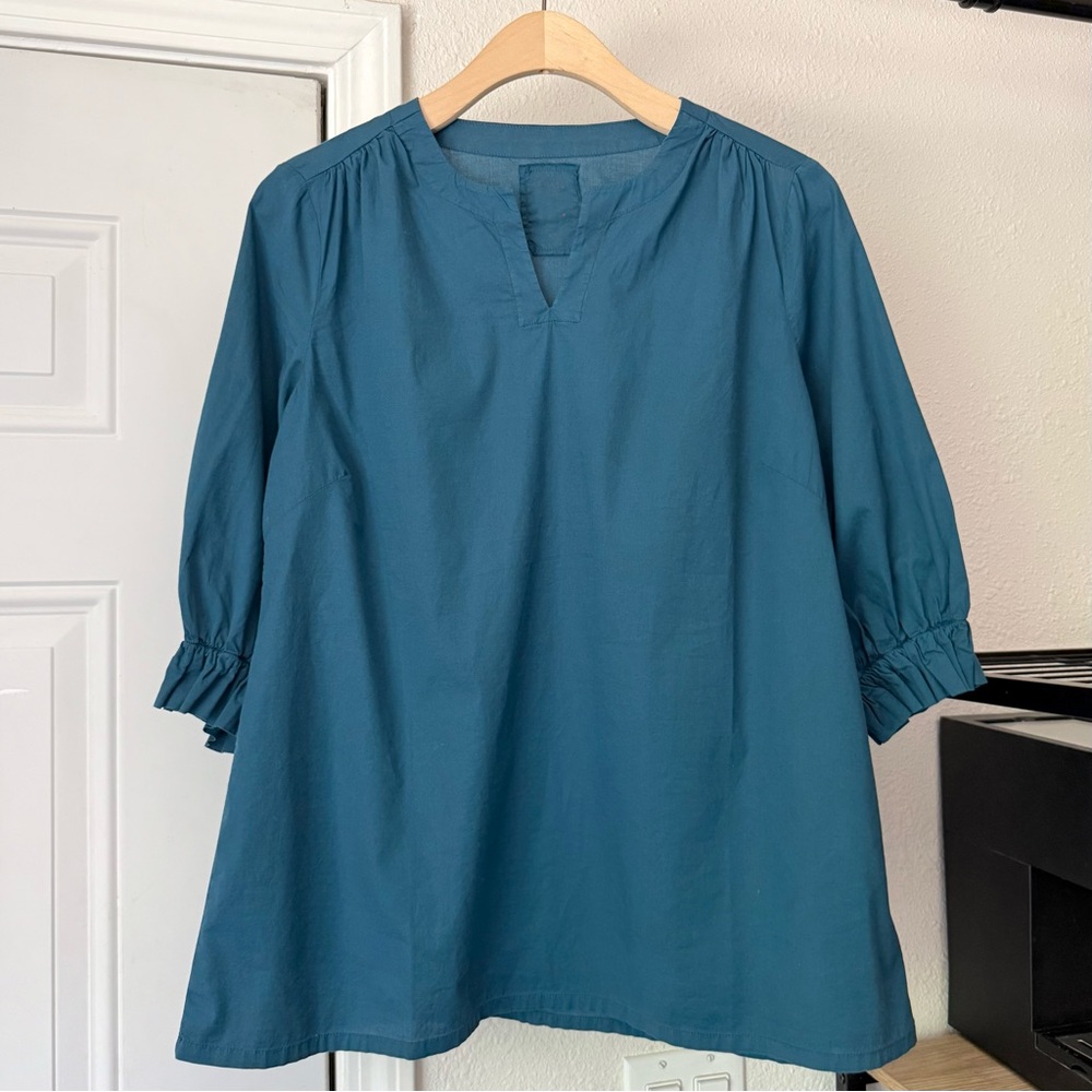 OWN BY BASICS blue indigo cotton dyed garment puff boxy popover blouse shirt